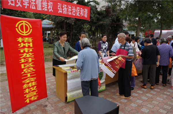 龍圩區(qū)總工會(huì)在2015年3月開(kāi)展迎“三八”婦女維權(quán)月普法活動(dòng)，以“婦女法治懂維權(quán)，頌揚(yáng)法治促和諧”為指導(dǎo)思想，開(kāi)展了以“